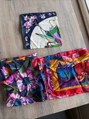 Colorful Floral and Cat Print Silk Scarves - Set of 3